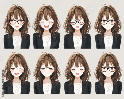Conjunto de ilustrações de expressões faciais de uma jovem mulher de negócios