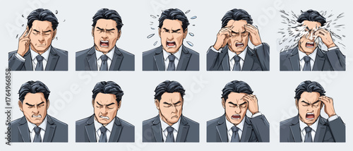 Coleção de expressões faciais masculinas em terno mostrando estresse e frustração intensos.