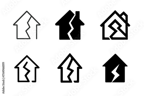 Property Damage Logos. Property damage risk. Set Logo of Property damage risk: house with fracture line. harmonious logo variations of the same emblematic