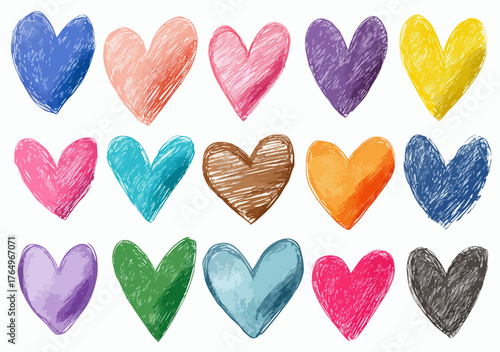 Coleção vibrante de corações desenhados à mão com textura de lápis de cera, representando amor e emoção em diversas cores.