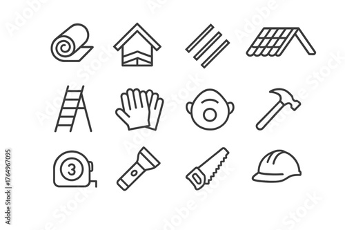 Roof Insulation Icons. Roof insulation. Line icon set of roof insulation: insulation roll, attic, wooden beams, roof, ladder, safety gloves, protective mask,