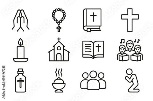 Spiritual Icon Set. Spiritual meeting. Line icon set of spiritual meeting: praying hands, rosary, Bible, cross, candle, church, prayer book, choir, holy water,