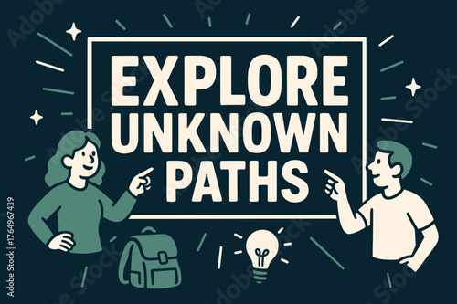 Discover New Adventures. Explore Unknown Paths banner, flat vector illustration, bold oversized text inside rectangular frame banner, cartoon characters