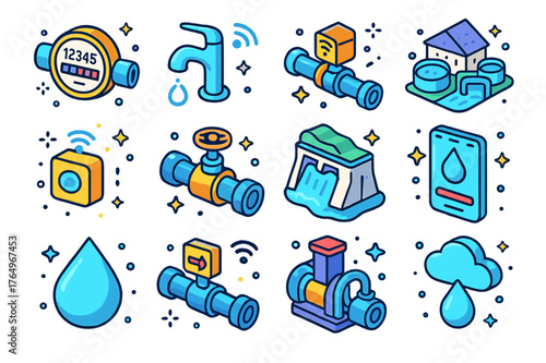 Smart Water Systems Icons. Smart water systems. Colorful isometric vector icons set of smart water systems: water meter, smart faucet, pipeline sensor, water