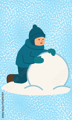 Boy plays outside in snowy weather