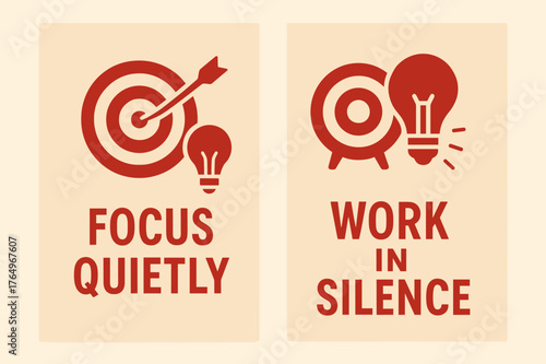 Focus Quietly Banners. Focus quietly. Two vertical A6 banners with safe margins, centered composition, no elements touching edges, flat vector design, red and