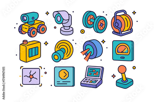 Pipeline Inspection Icons. Pipeline inspection robots. Colorful isometric vector icons set of Pipeline inspection robots: CCTV crawler robot, pan-tilt camera