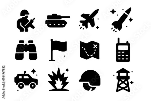 Tactical Icons Grid. Tactical Advance. Solid icons set of Tactical Advance: soldier, tank, jet, missile, binoculars, flag, map, radio, armored vehicle,