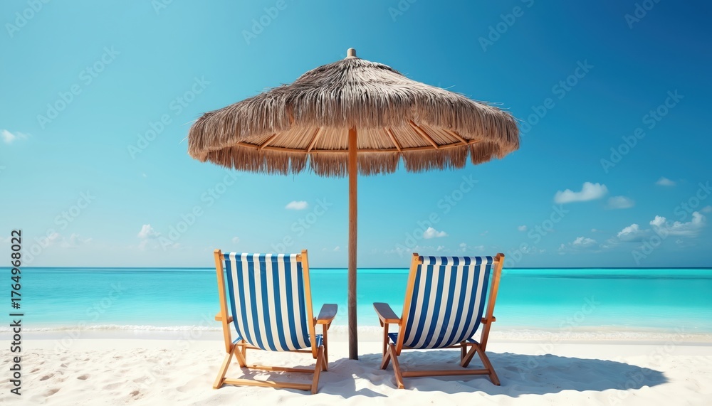 Obraz premium Seascape illustration of beach with two chairs under sun umbrella. Holiday vacation concept. Blue ocean view with horizon at paradise tropical island. Travel advertising, tourism, vacation background