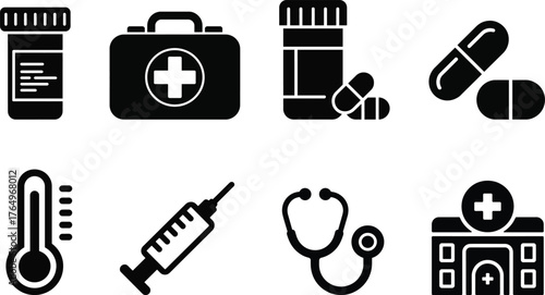 Essential medical icons collection healthcare symbols first aid equipment medicine and pharmacy concepts
