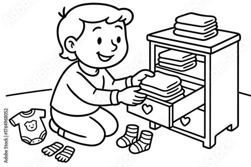 Baby Dresser Coloring Page. Organizing baby dresser children?s coloring book illustration, outlined drawing, a cheerful parent placing folded baby clothes into