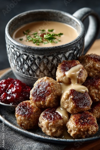 A hearty serving of traditional Swedish Köttbullar, accompanied by rich creamy gravy, tangy cranberry sauce, and smooth mashed potatoes