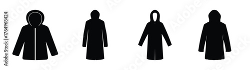 Distinct black raincoat and hooded jacket silhouettes offering versatile clothing icons for diverse weather protection designs