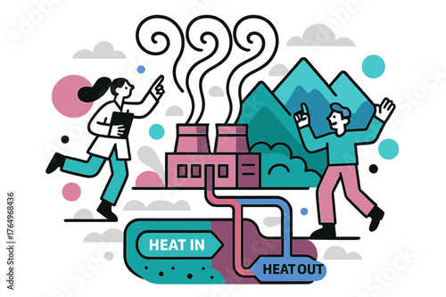 Geothermal Energy Flow. Geothermal Plant Loop. Steam plumes rise in tidy curls; cutaway pipes dive down and return with a ?Heat In / Heat Out? label. Mountains