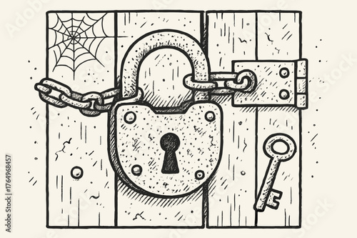 Rusty Lock Illustration. Rusty Lock. Hand-drawn doodle illustration Rusty Lock padlock, rust texture, key, chain, door, metal surface, hinges, scratches,