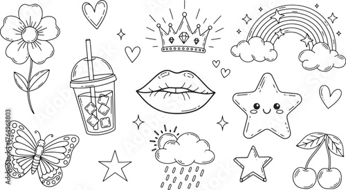 Cute Doodle Icons Collection Flower Lips Star Rainbow Butterfly White Background Keywords
