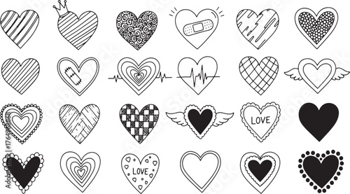 Hand Drawn Heart Icons Collection Doodle Style Isolated White Background Keywords: heart, love