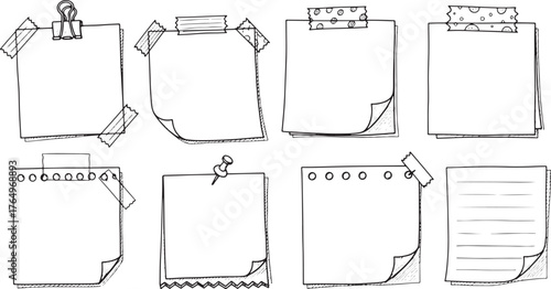 Hand Drawn Sticky Notes and Paper Clips Border Elements vector illustration