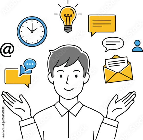 Man surrounded by icons representing time, ideas, and communication clock lightbulb