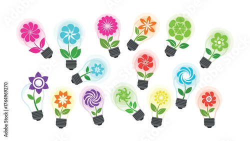 Illuminating Ideas: A captivating display of light bulbs, each blooming with vibrant flowers, symbolizes the flourishing of new concepts and creative inspirations.