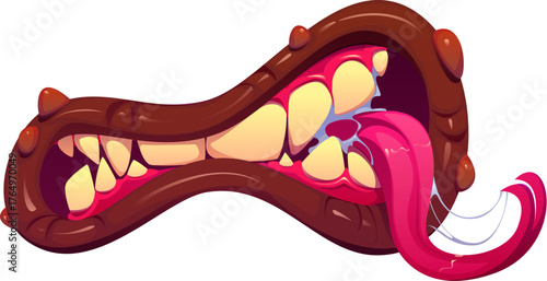 Cartoon Halloween monster mouth. Vector twisted beast terrifying monster or demon mouth with jagged yellow fangs, gooey drool, thick glossy lips and strands of sticky saliva. Mutant, alien, beast jaw