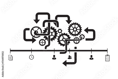 Abstract workflow diagram with interconnected gears, arrows, and timeline concept.