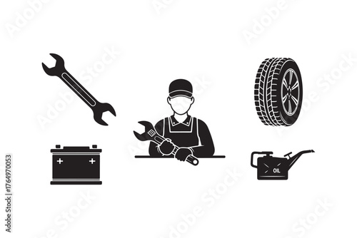 Black Silhouette Auto Mechanic and Repair Service Icons on White