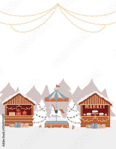 Christmas card template with space for text. A flat vector illustration of a winter landscape. Hand-drawn Christmas market stalls, Christmas trees, a carousel with a horse, and garland on a light