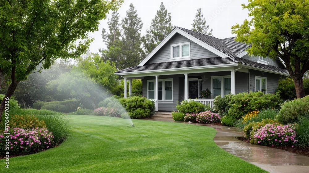 Naklejka premium Beautiful home with lush green lawn and sprinkler system in action.