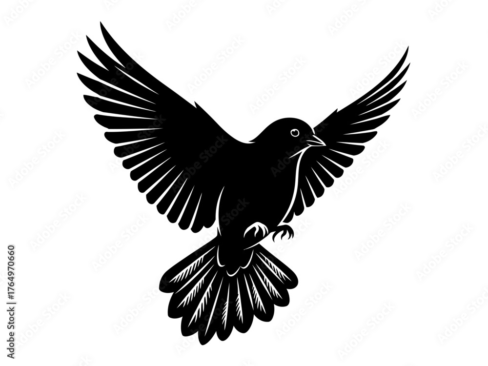 Obraz premium Elegant black dove in flight with outstretched wings, a powerful symbol of peace, freedom, and hope on a white background