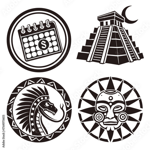 Aztec civilization symbols, calendar, pyramid, snake
