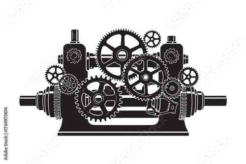 Intricate Black and White Industrial Gear System Mechanism Vector Illustration