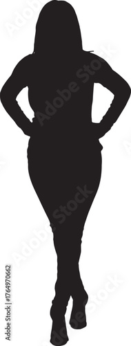 vector,silhouette of  front view of a woman standing arms akimbo, legs crossed
