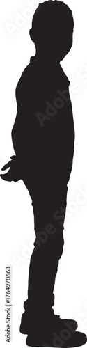 vector, silhouette of side view of a boy standing looking at camera hands on back
