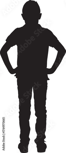 vector, silhouette of back view of a boy standing arms akimbo
