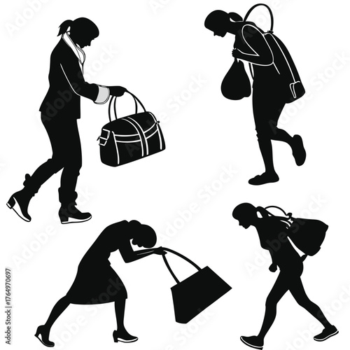 Silhouette of woman carrying heavy bag