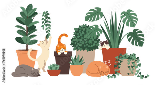 Illustration of cute cats and dogs among potted plants in cozy indoor garden scene
