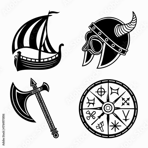 Viking ship and weapon symbols represent history