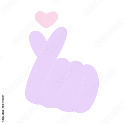 K pop hand finger korean heart love gesture flat element. Hallyu wave aesthetic. Purple pastel color.