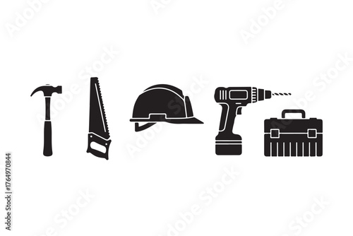 Black Silhouette Construction Tools and Safety Equipment Icons on White