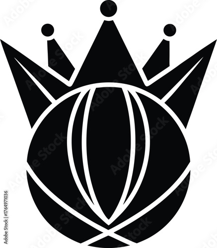 Vector art of stylized black crown emblem with a globe or basketball element