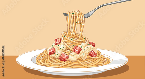 Delicious Spaghetti Carbonara with Bacon and Cream Sauce.