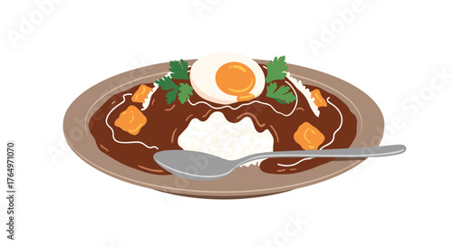 Delicious Japanese Curry Rice with Egg and Vegetables.