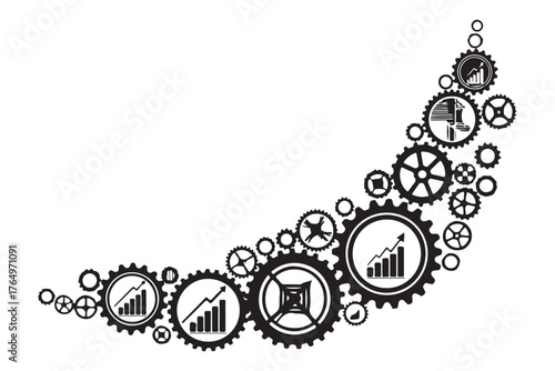 Monochromatic Vector Illustration of Interlocking Gears with Upward Growth Charts