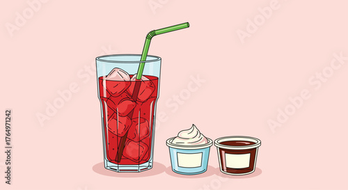 Refreshing Red Drink with Cream and Chocolate Dessert.