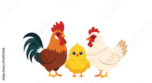 Cartoon Chicken Family - Rooster, Hen, and Chick Illustration.