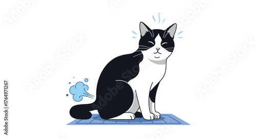 Cartoon Cat Farting on a Blue Mat.