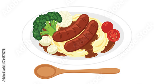 Sausage and Mash Dinner Plate with Broccoli and Tomatoes.