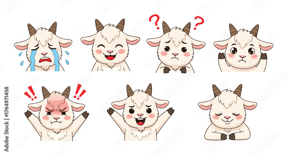 Fototapeta premium Goat Emoji Set - Expressing Emotions Through Cute Animal Faces.