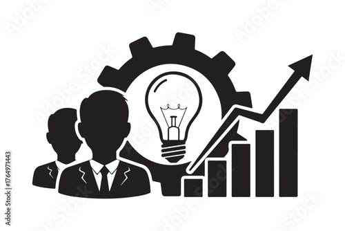 Monochrome Business Icons Representing Teamwork, Innovation, Process, and Growth